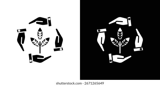 Ícone preto e branco de mãos protegendo uma planta em crescimento. Representa crescimento, sustentabilidade ou trabalho em equipe.