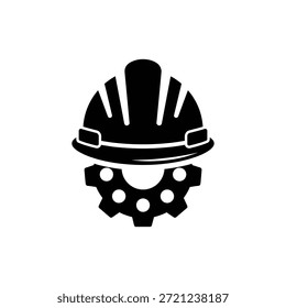 Icono blanco y negro del sombrero duro colocado en el símbolo del engranaje para la seguridad industrial