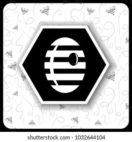 black and white icon with honey hive on background of honeycomb