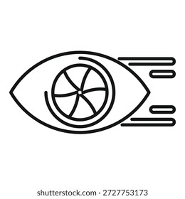 Black and white icon of a human eye focusing at high speed, represented by camera shutter and motion lines