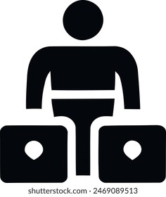 Black and white icon of a human figure holding two laptops over his torso as if they are weights.