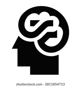 Black and white icon of a human head with a puzzle piece in the brain representing problem solving and thinking intellectual and cognitive concepts