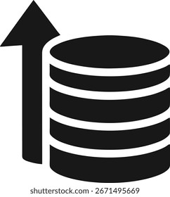 A black and white icon illustrating database growth, with stacked cylinders representing data and an upward-pointing arrow signifying progress and expansion.