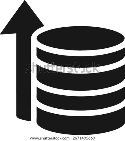 A black and white icon illustrating database growth, with stacked cylinders representing data and an upward-pointing arrow signifying progress and expansion.