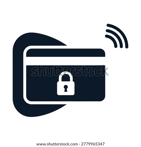A black and white icon illustrating a secure contactless payment card. It features a prominent padlock symbol for data protection and wireless signal waves indicating NFC or RFID technology.