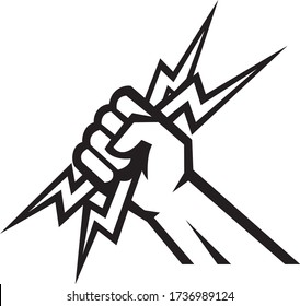 Black and White icon Illustration of an American electrician, power lineman or handyman hand holding a bunch of lighting bolt viewed from side on isolated white background done in retro style. 