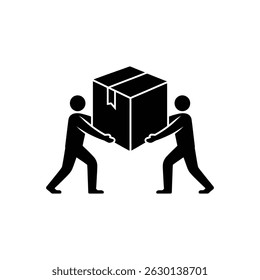 Black and white icon illustration displaying two people carrying a large box together. It's representative of delivery, moving services, or teamwork in transportation.