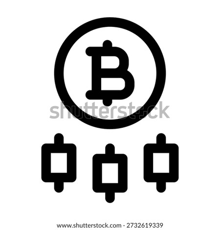 A black and white icon illustration featuring a Bitcoin symbol (the letter B with two vertical lines) inside a solid black circle. Below the main circle are three identical small icons resembling financial candlestick charts or k-line graphs with boxes and vertical lines, representing trading and market data.