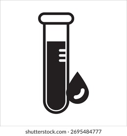 Ilustración en blanco y negro de un tubo de ensayo lleno de líquido y una gotita de líquido a su lado, que representa la ciencia, las pruebas médicas y la investigación de laboratorio, perfecto para el Diseño gráfico.