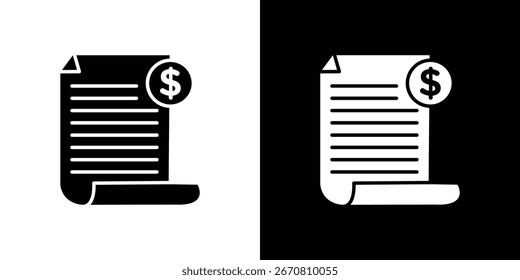 Icono blanco y negro de una Factura con un signo de dólar. Adecuado para las finanzas, la contabilidad y los conceptos comerciales.