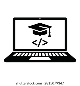 Black and white icon of a laptop computer screen displaying a graduation cap and code tags symbol. Represents online software development learning and programming.