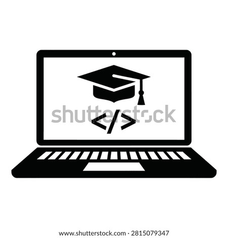 Black and white icon of a laptop computer screen displaying a graduation cap and code tags symbol. Represents online software development learning and programming.