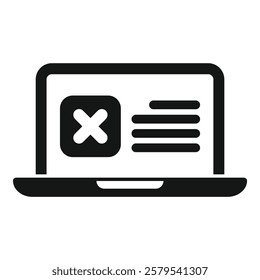 Black and white icon of a laptop displaying a delete icon, representing an unsuccessful operation or task