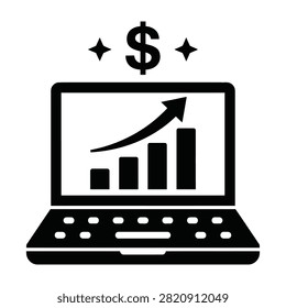 Black and white icon of a laptop displaying a growing bar graph with an upward arrow and a dollar sign. Represents online business success, finance and investment.