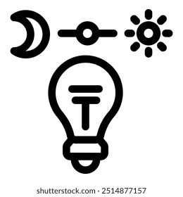 Black and white icon of a lightbulb switching from night to day mode