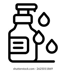 Icono blanco y negro de una botella de jabón líquido dispensando jabón para el lavado de manos y la higiene
