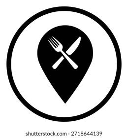 Un icono en blanco y negro de un marcador de ubicación con un tenedor y un cuchillo cruzados sobre él dentro de un círculo
