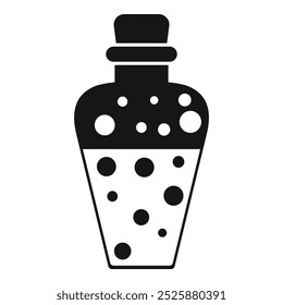 Black and white icon of a magic potion boiling in a glass bottle with a cork stopper