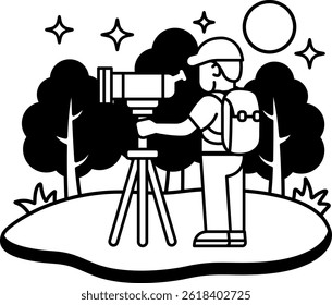 ícone preto e branco do mochileiro masculino com telescópio na floresta noturna