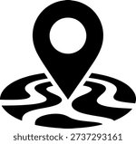 A black and white icon of a map pin or location marker situated on a stylized map or path, representing navigation, destination, travel, and point of interest.