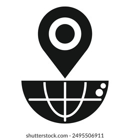 Black and white icon of a map pin pointing a location on a simplified globe