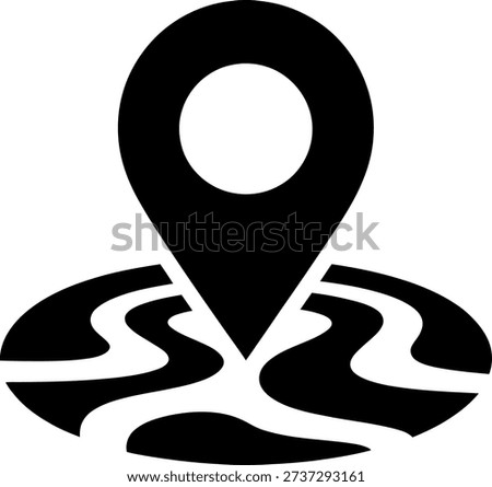A black and white icon of a map pin or location marker situated on a stylized map or path, representing navigation, destination, travel, and point of interest.