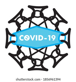 black and white icon with masked coronavirus, covid-19, virus, illustration on white background