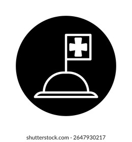 Black and white icon of medical cross flag on hill representing healthcare services