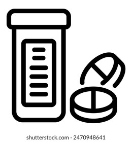 Icono blanco y negro de una botella de medicación y cápsulas, que representa temas de salud y farmacia