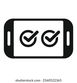 Black and white icon of a mobile phone with two check marks, symbolizing successful verification or completion