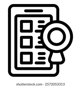 Black and white icon of a mobile phone with a magnifying glass scanning information