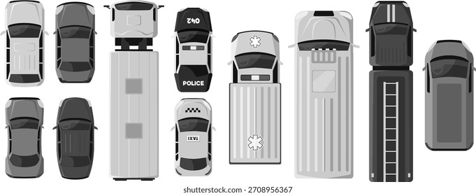 Black and white icon mockups of various vehicles, top-down view, city transport. Car, police, ambulance, truck, fire engine. Emergency services, delivery, travel. Vector flat illustration.