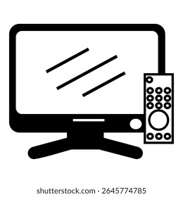 Black and white icon of a modern television with screen reflection and a detailed remote control, symbolizing home entertainment technology.