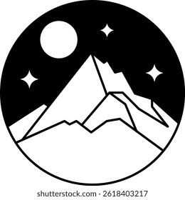 black and white icon of a mountain with a moon in the sky 
