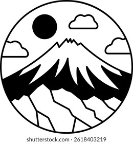 black and white icon of mountain with a sun in the sky