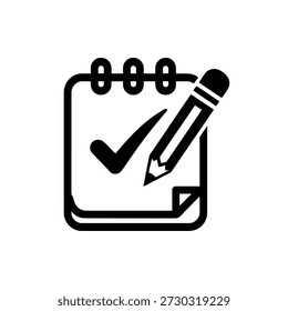 Ícone preto e branco do bloco de notas com marca de seleção e lápis
