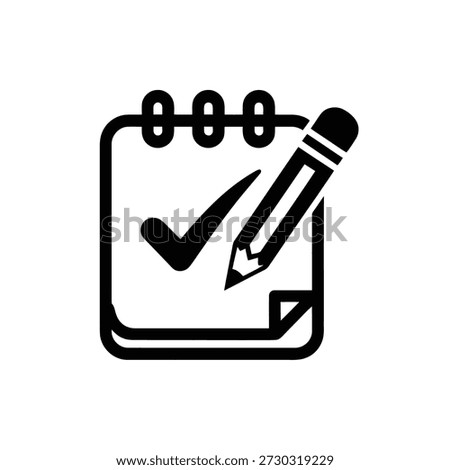 Black and white icon of notepad with check mark and pencil