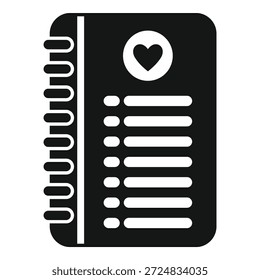 Icono blanco y negro de un bloc de notas con un corazón, lo que sugiere una lista de ideas románticas o una carta de amor