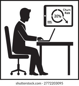 Black and white icon of office worker at desk analyzing churn rate chart showing 20 percent decline