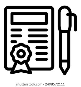 Black and white icon of an official document being signed with a pen, symbolizing agreement