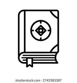 A black and white icon of an old book with a symbol on the cover