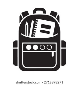 Un icono en blanco y negro de una mochila abierta con útiles escolares