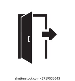 A black and white icon of an open door with an arrow pointing to the right in silhouette mode