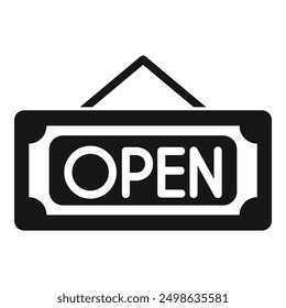 Black and white icon of an open sign hanging on a door, indicating the business is open for customers