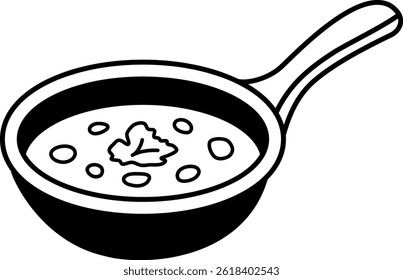 black and white icon of a pan with soup inside