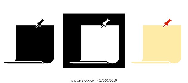 Black and white icon, paper sheet pinned with a pin. Reminder, for daily notes. Isolated vector