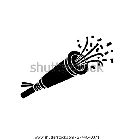 A black and white icon of a party popper exploding with confetti, symbolizing celebration and festive occasions.