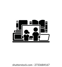 Black and white icon of people working on computer with books around them