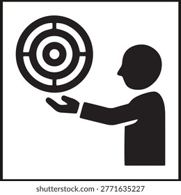 Black and white icon of person extending arm with open hand beneath circular target symbolizing focus and precision