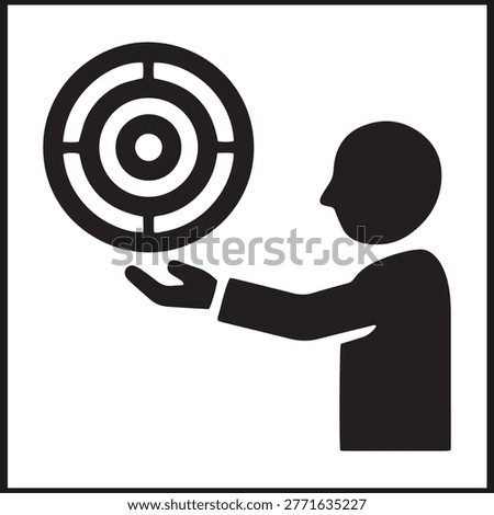 Black and white icon of person extending arm with open hand beneath circular target symbolizing focus and precision